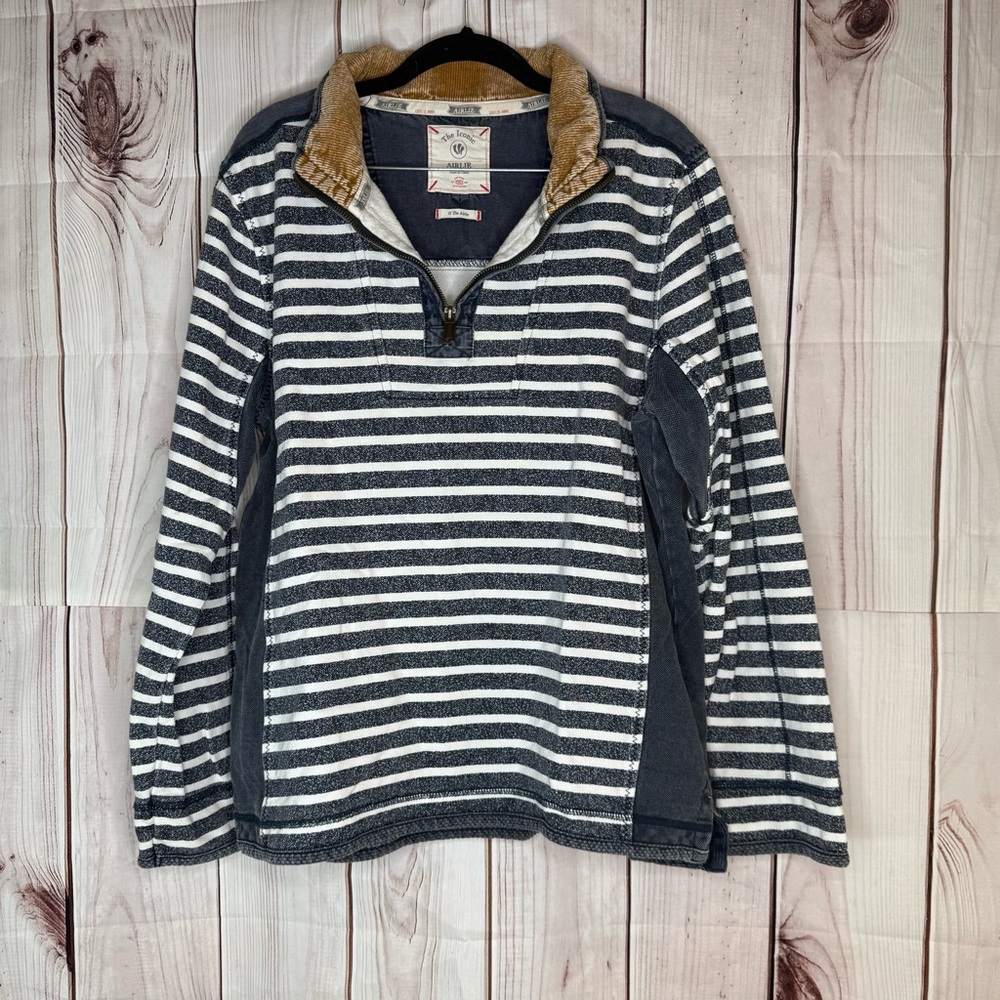 Fat Face The Airlie Blue White Stripe Elbow Patch Long Sleeve Quarter Zip Size L